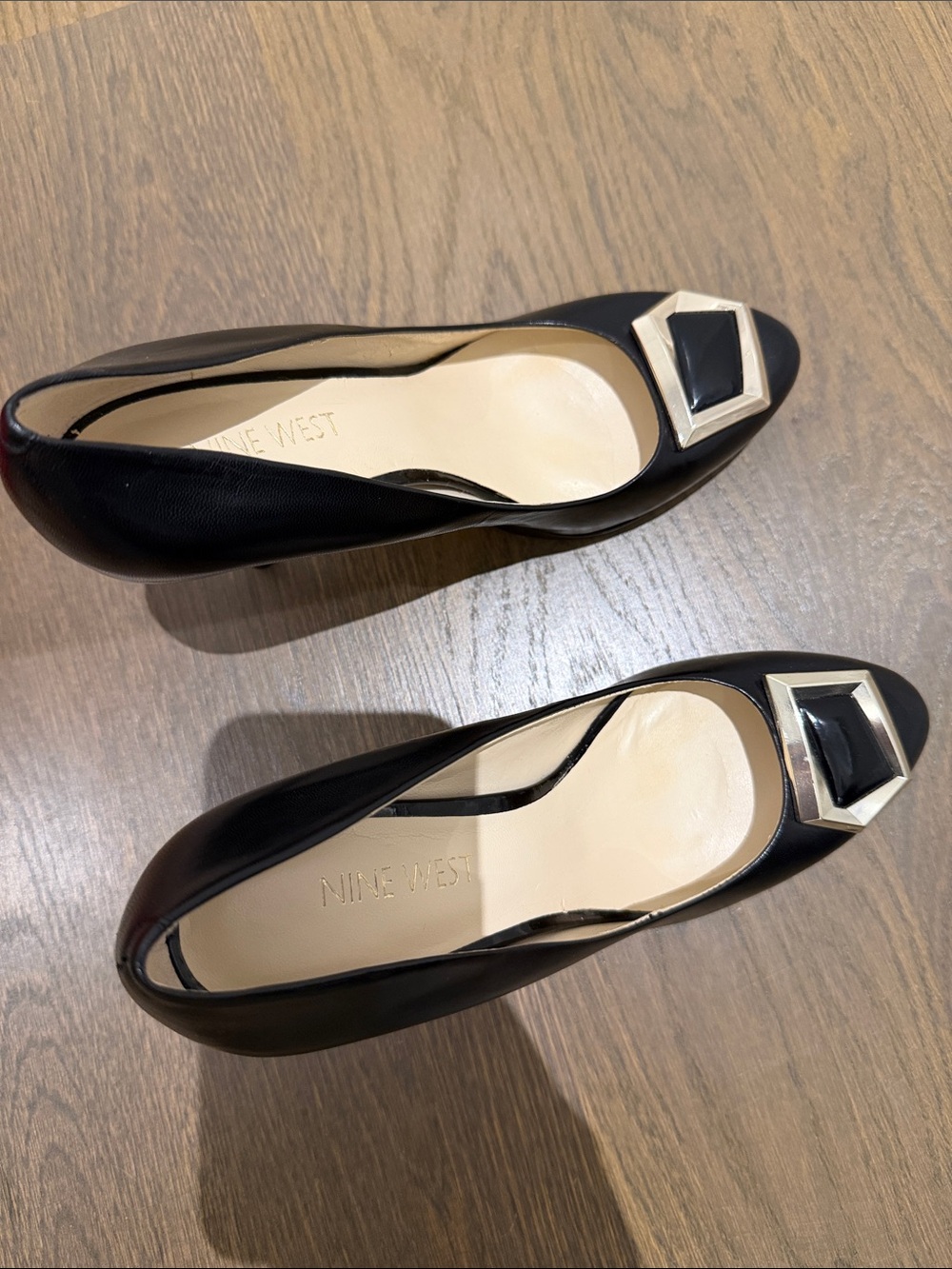 Nine West Black Pointed-Toe Flats with Gold Geometric Buckle